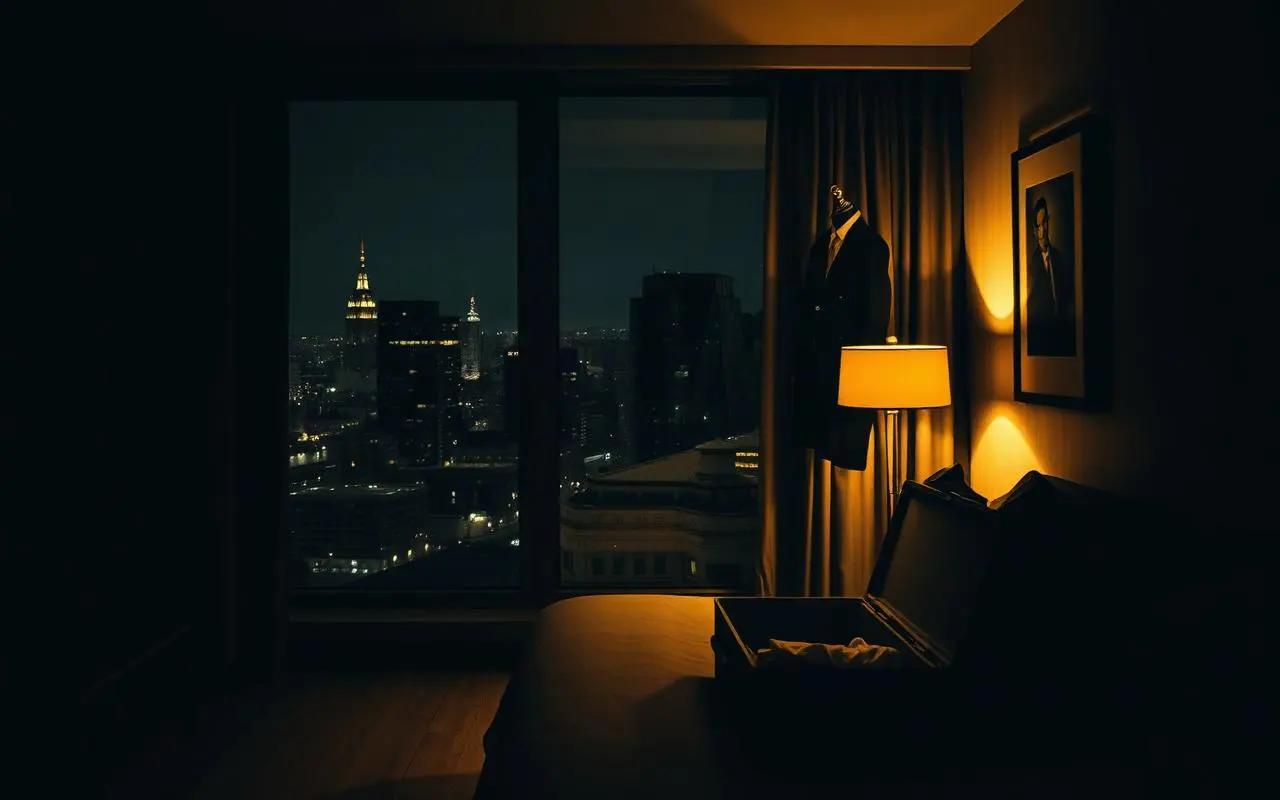 Habitación de hotel con maleta y traje colgado
