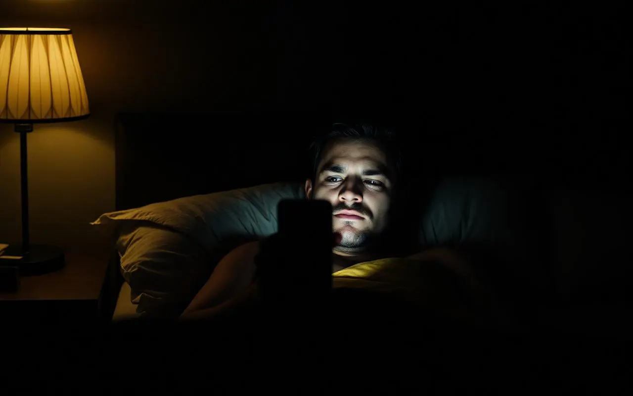 Habitación oscura de madrugada con la luz del celular